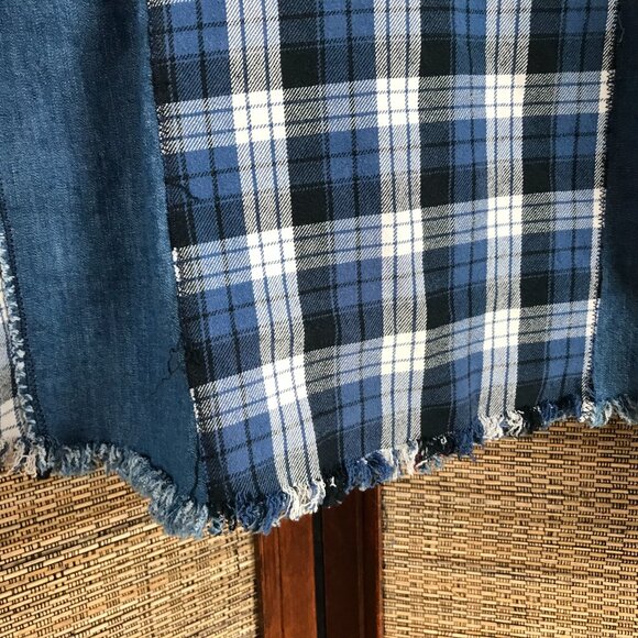 Upcycled Denim Plaid Flannel Jean Jacket, Plus Size XL-2X: Boho Patchwork Shirt - Picture 4 of 10